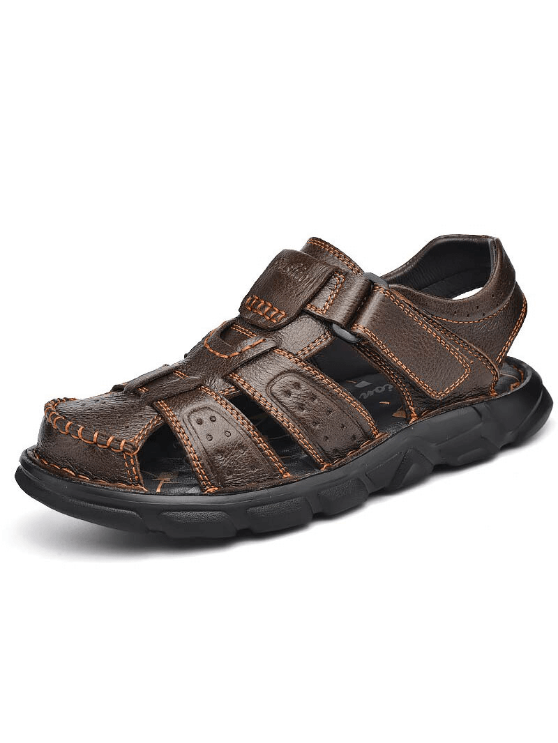 Soft Soles Genuine Leather Trekking Sandals SF1080 with anti-collision toes for men, featuring adjustable hook & loop closure.
